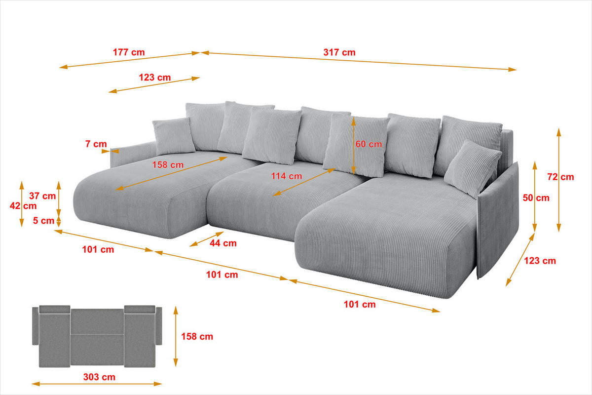 WOHNLANDSCHAFT mit Schlaffunktion und Bettkasten ONESK-U-v1 317x177x72 Grau Cord - Grau, Holzwerkstoff/Kunststoff (317/72/177cm) - ALTDECOR
