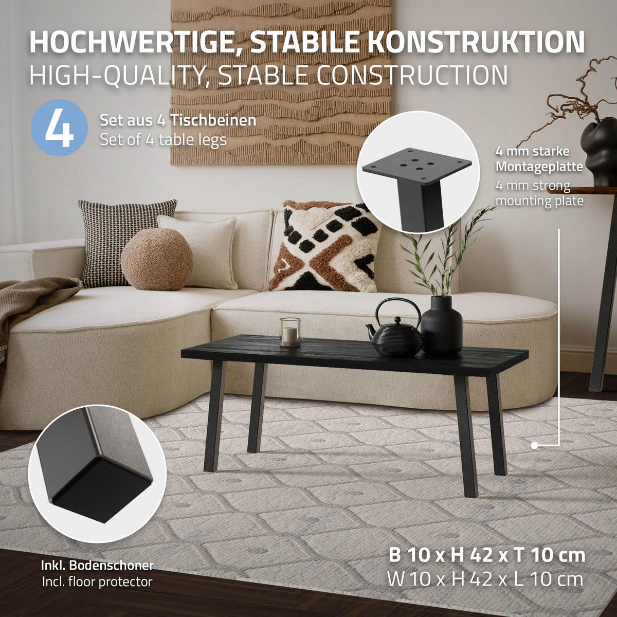 TISCHBEINE 4er Set I-96GRAD-Design H:42 cm Dunkelgrau 4x4 cm - Dunkelgrau, Metall (4/42/4cm) - ML-DESIGN