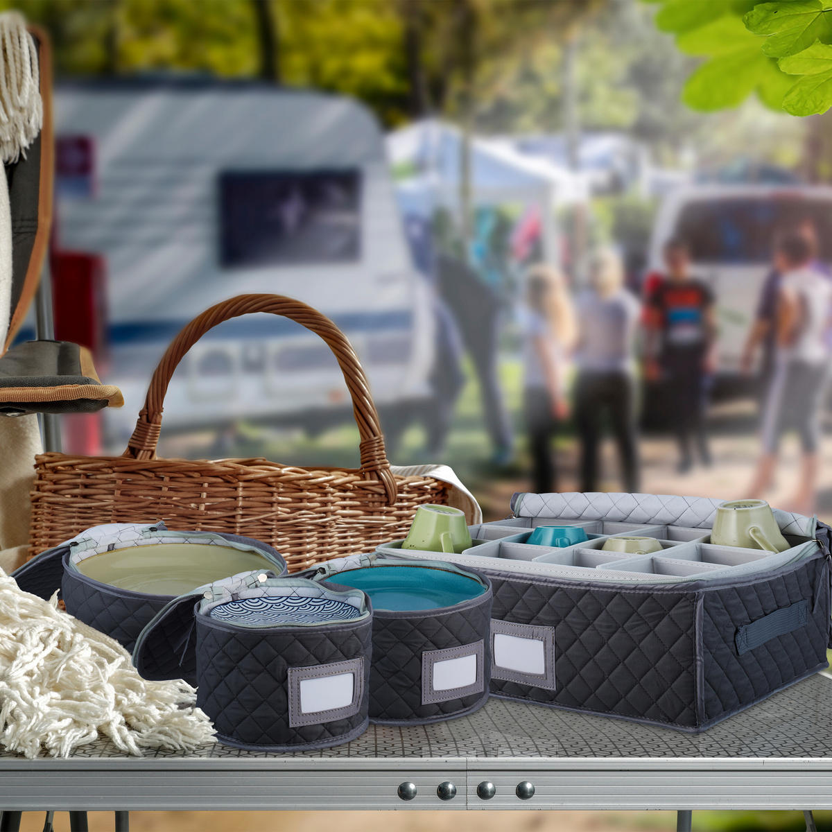 6-TLG.GESCHIRRAUFBEWAHRUNGSBOX-SET - Grau, Textil (41/25/33cm) - Relaxdays