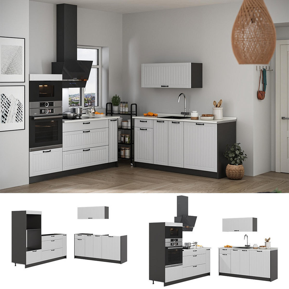 KÜCHENZEILE Fame-Line, Weiß Landhaus/Anthrazit, 340 cm, AP Marmor - Anthrazit/Weiß, Holzwerkstoff (340/153.6/60cm) - Vicco
