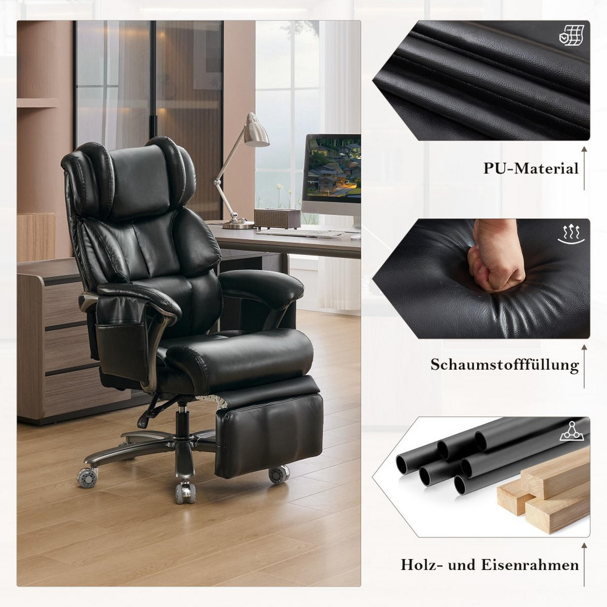 CHEFSESSEL mit Massage-Heizung Schwarz - Schwarz, Naturmaterialien (76.5/121.5/85.5cm)