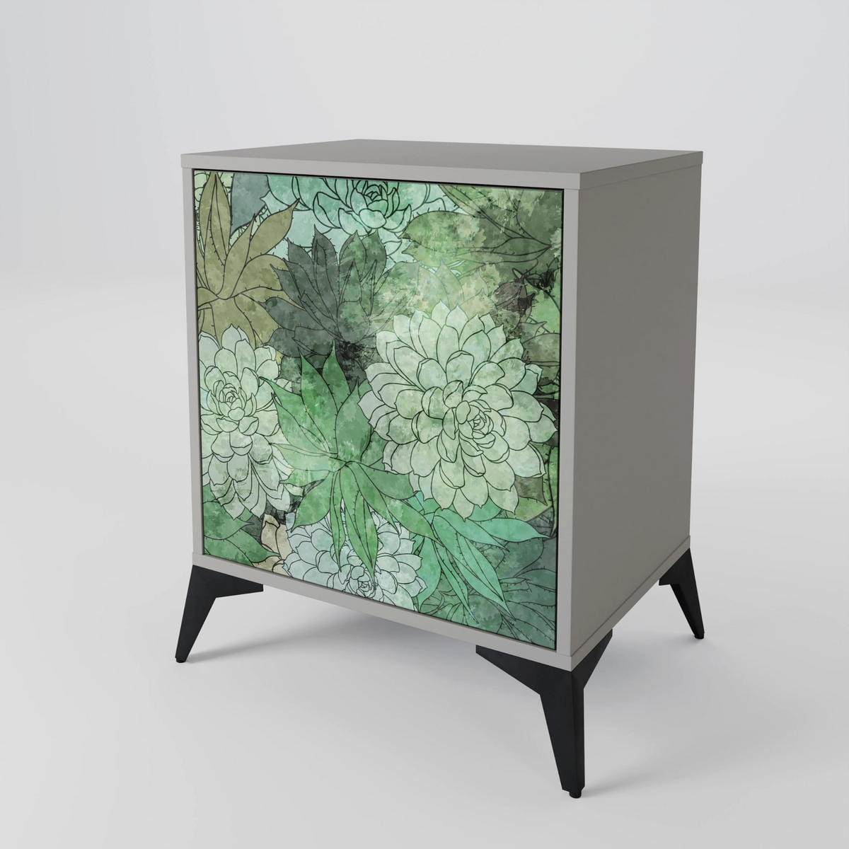 SIDEBOARD SUCCULENT CLUSTER, Grau, 57,5x42x67,5 cm, Schwarze Metall-Rahmenfüße - Multicolor/Schwarz, Holzwerkstoff/Metall (57.5/67.5/42cm) - SpaceRebels