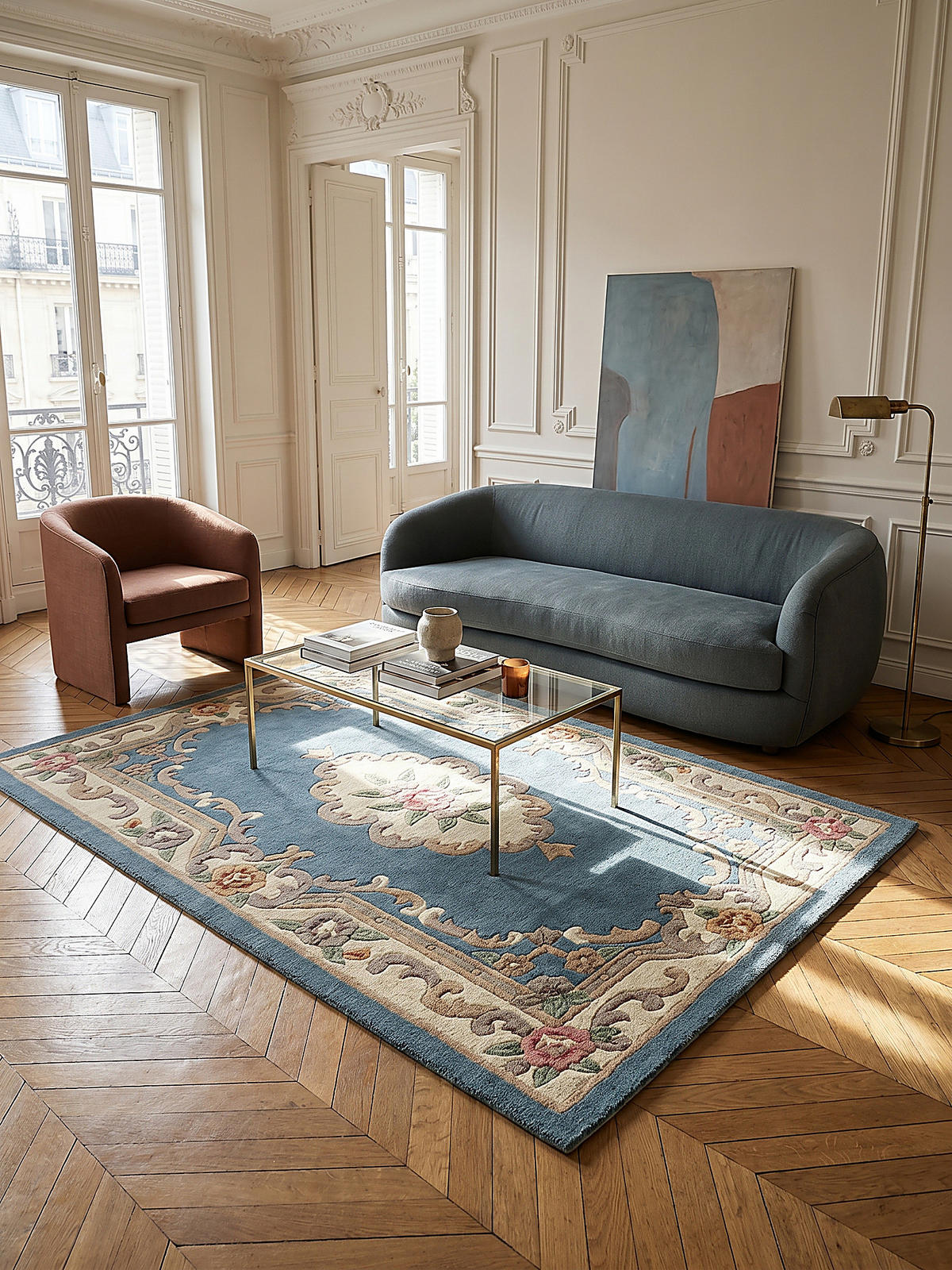 WOLLTEPPICH Aubusson-Muster handgeknüpft BEAULY, Blau-Beige 120x180 cm - Blau, Textil (180/120cm) - KADIMA DESIGN