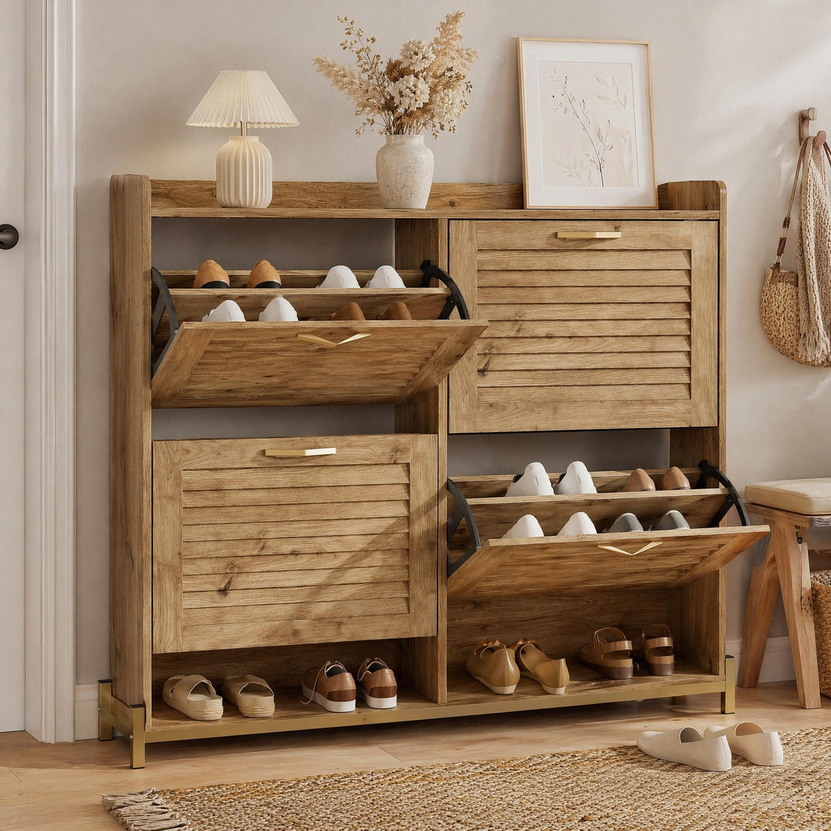 SCHUHSCHRANK in Naturfarben Schuhkipper mit 4 Türen für Eingangsbereich und Flur, B108.5/T24/H100 cm - Goldfarben/Naturfarben, Holzwerkstoff/Metall (108.5/100/24cm) - STILVORA