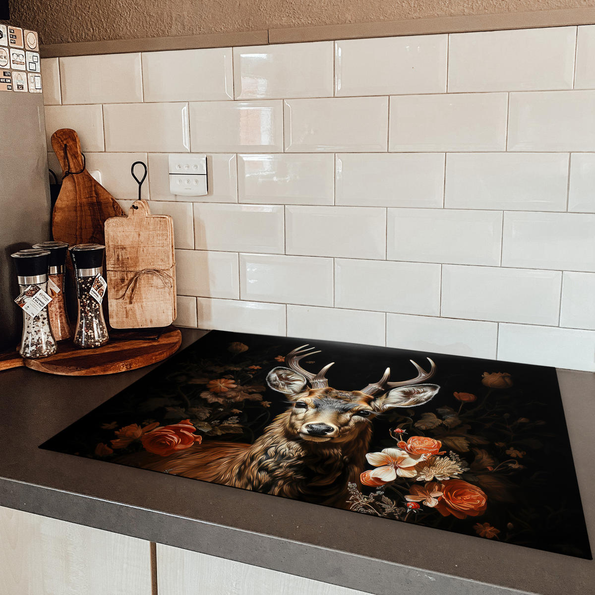 HERDABDECKPLATTE Hirsch - Tier - Blumen - Natur - Botanisch Herdabdeckung Induktionsfeld 75x52 cm - Kupferfarben, Kunststoff (75/52/0.2cm) - MuchoWow