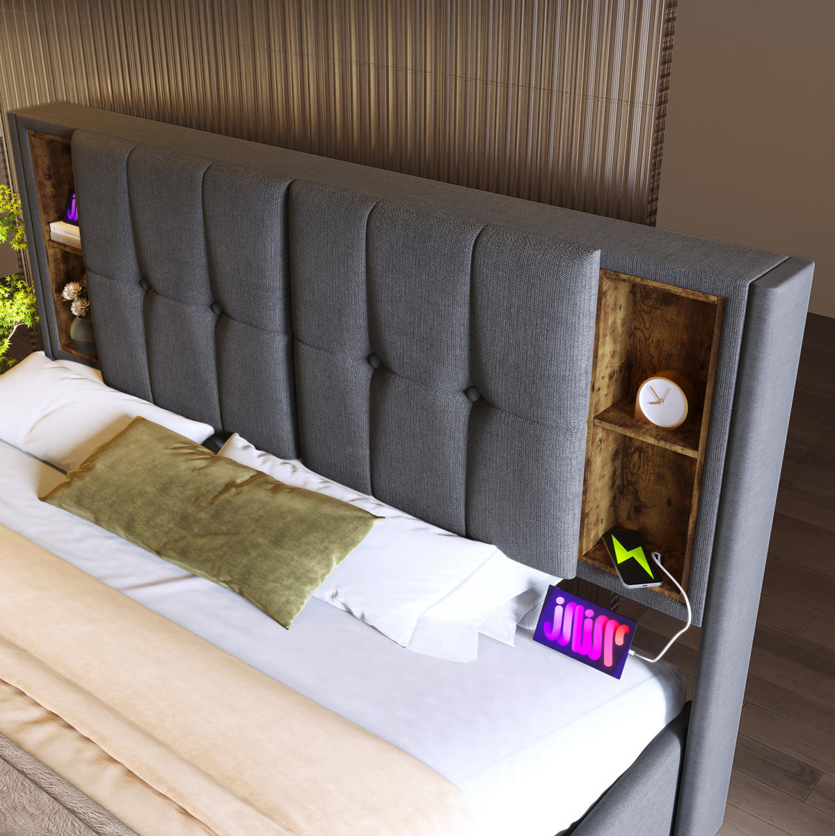 POLSTERBETT 160/200 cm Grau aus Baumwolle mit Stauraum, USB und kabellosem Laden - Grau, Textil (160/200cm) - OKMYHOME