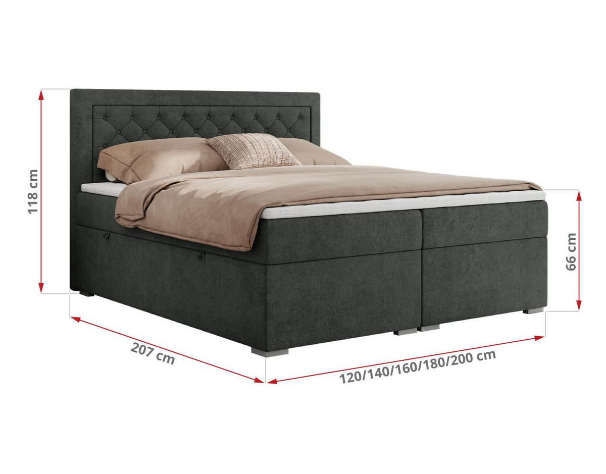 BOXBETT JASIR 200/200 - Dunkelgrau Strukture - H3 - Dunkelgrau, Holz/Textil (200/200cm) - MKS