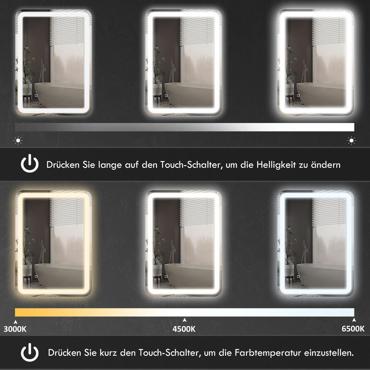 BADSPIEGEL, 50 x 70 cm LED Badezimmerspiegel mit 3 Lichtfarben, Wandspiegel - Silberfarben, Glas (70/4/50cm) - HOMCOM