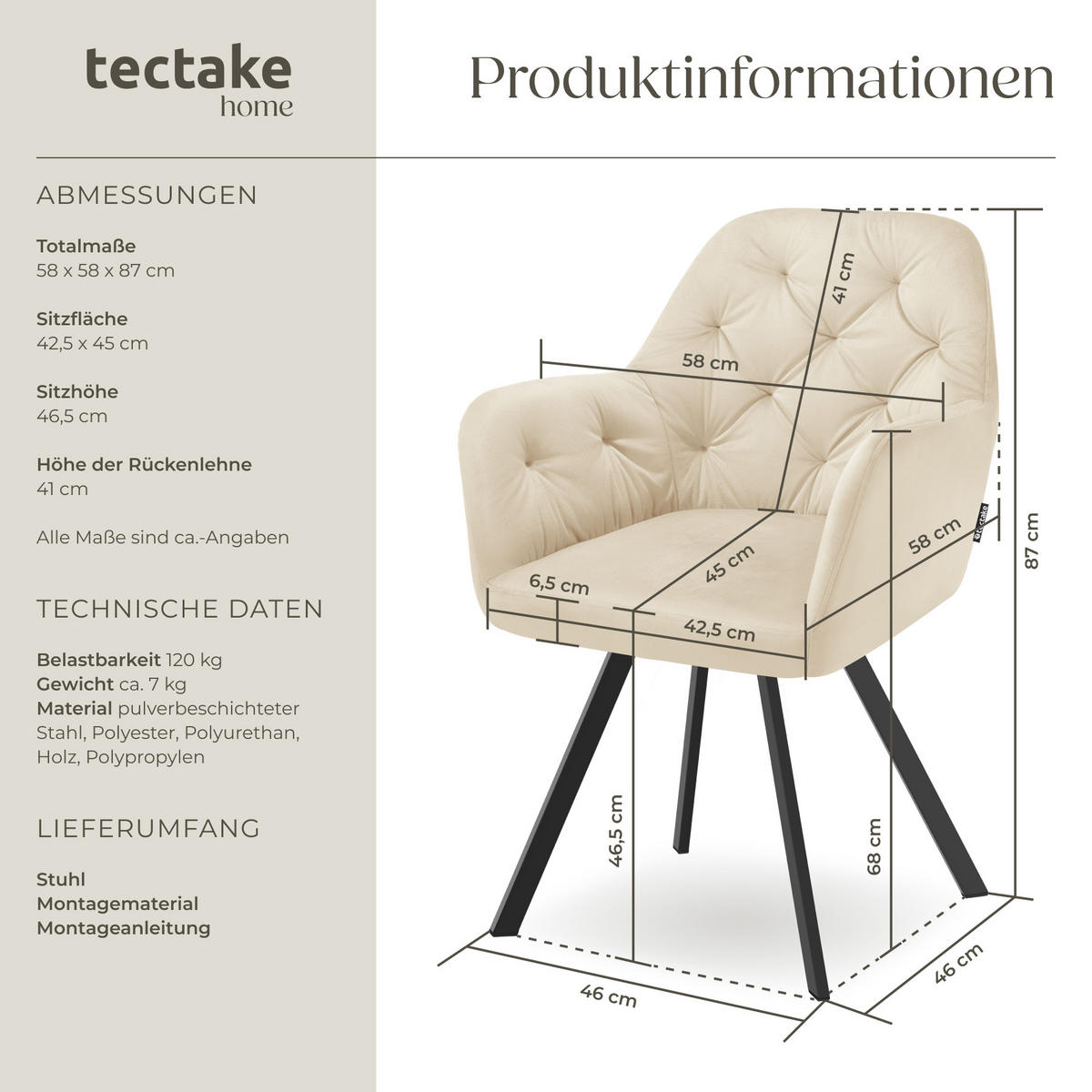 ARMLEHNSTUHL Samt Drehbarer Lucia 58 x 58 x 87 cm creme - Creme, Kunststoff (58/87/58cm) - tectake