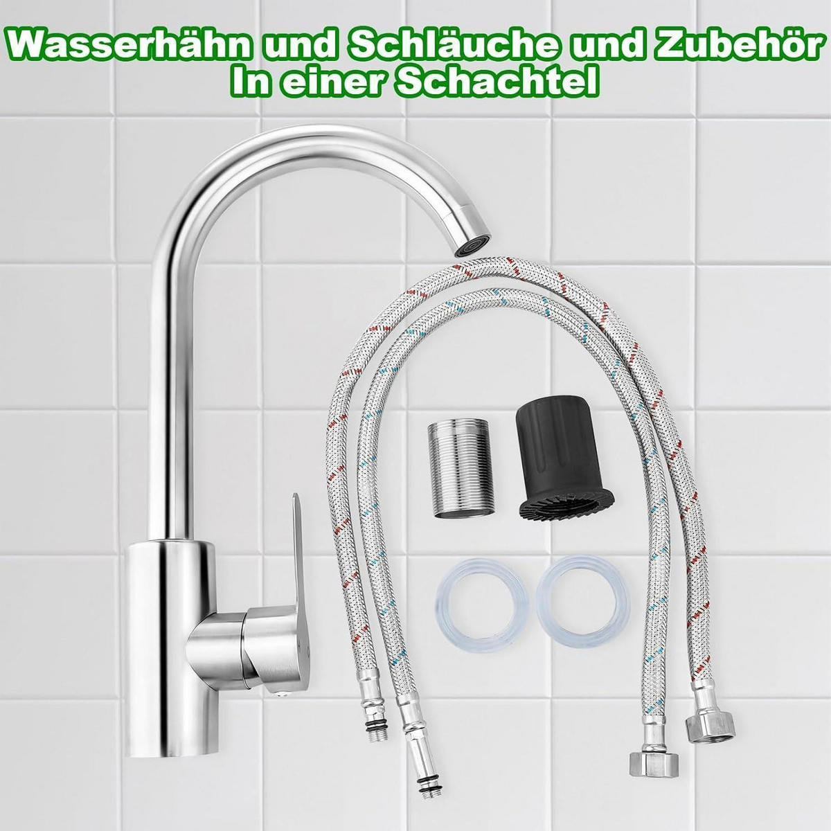KÜCHENARMATUR 360° drehbar mit Schläuchen Edelstahl Hochdruck - Silberfarben, Metall (18/5/32cm)
