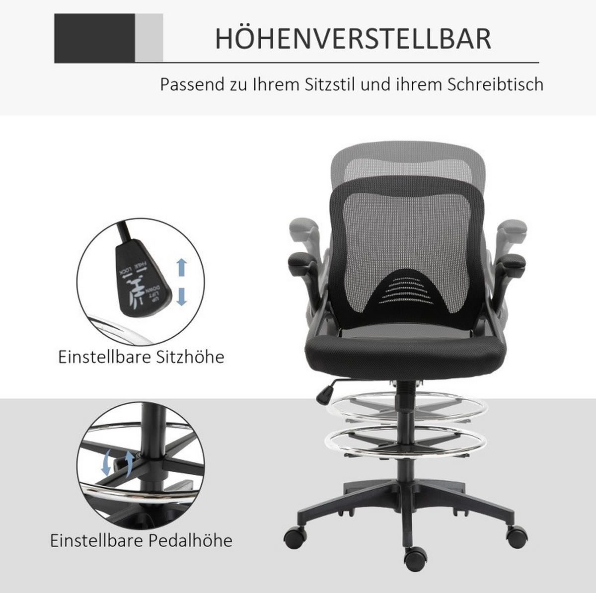 BÜROSTUHL in Schwarz 60x64x126 cm mit Stehfunktion, Fußstütze und klappbaren Armlehnen - Schwarz, Kunststoff (64/126/60cm) - IVMEU