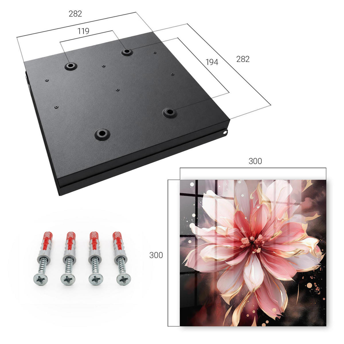 SCHLÜSSELBOX Schwarz 30x30 cm- Türöffnung nach rechts - Rosa Blume - Pink, Metall (30/30/5cm) - TULUP