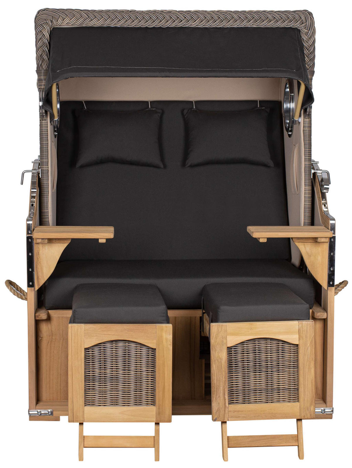 STRANDKORB Düne 2 Sitzer Teak PE Grey - Schwarz/Braun, Holz/Metall (125/170/80cm) - Mr. Deko