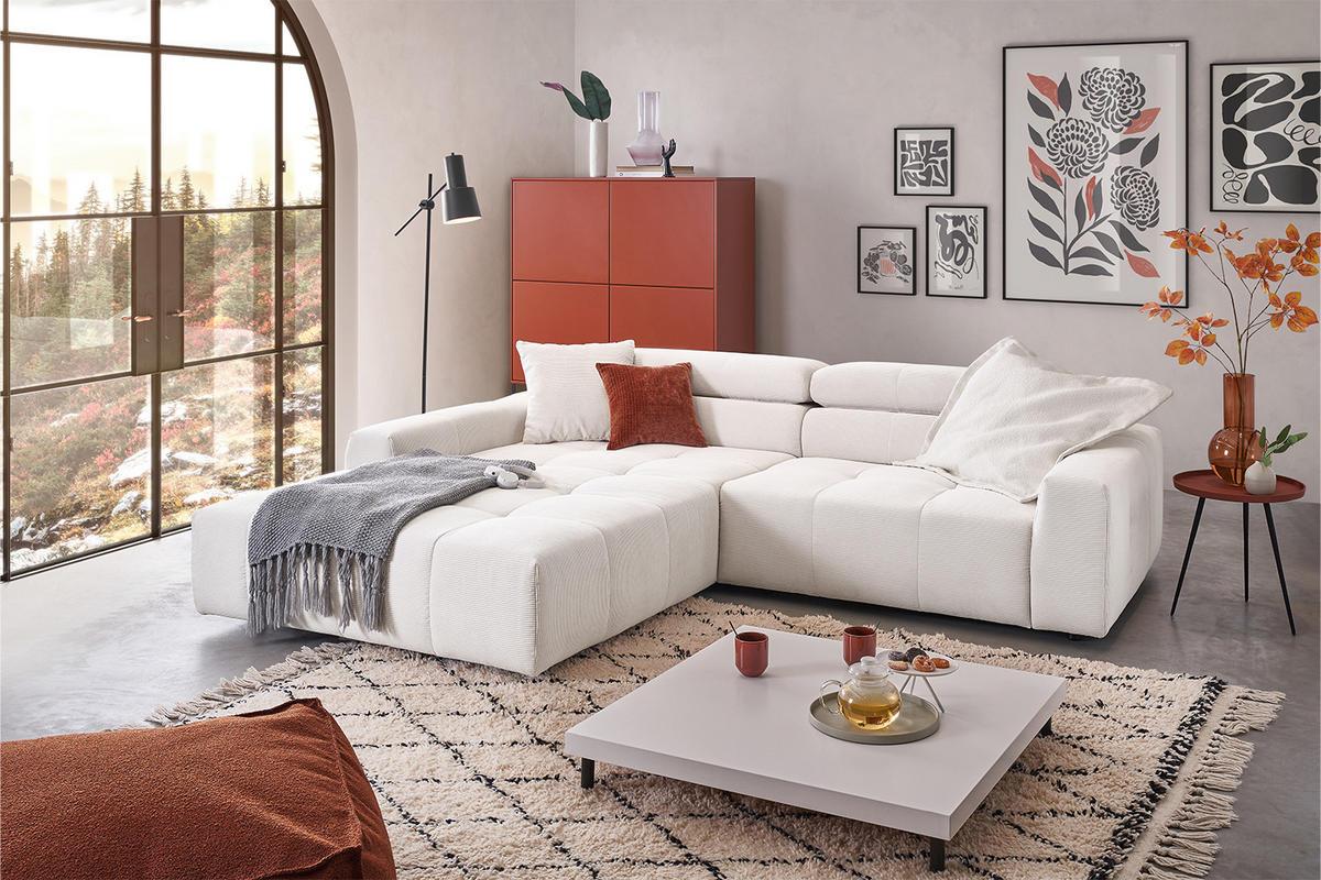ECKSOFA MIT MOTORISCHEM SITZVORZUG RENO Weiß Cord - Schwarz/Weiß, Kunststoff/Textil (258/217cm) - KAWOLA