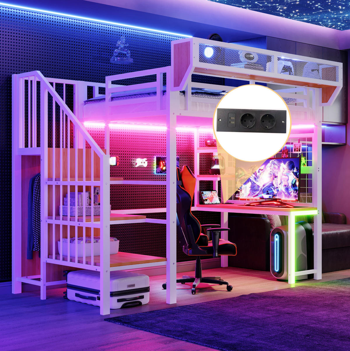 HOCHBETT aus Metall und MDF 90x200 cm Weiß mit Schreibtisch, Regal, LED-Beleuchtung und Steckdosen - Weiß, Metall (90/200cm) - Modfu