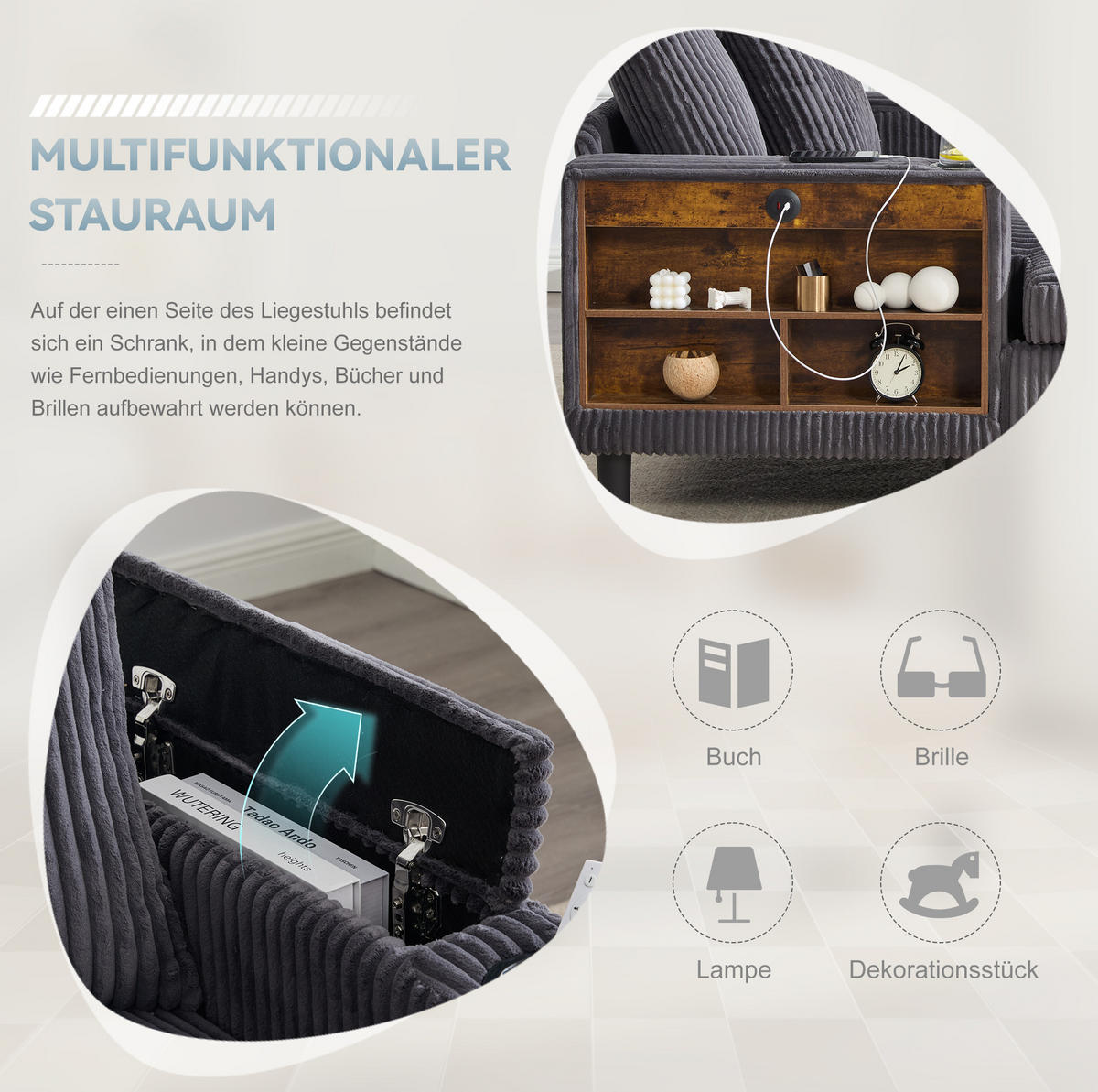 SCHLAFSOFA 129/170/70 cm aus Cord mit LED-Beleuchtung und USB-Anschluss Dunkelgrau - Dunkelgrau, Textil (170/70/129cm) - Modenvie