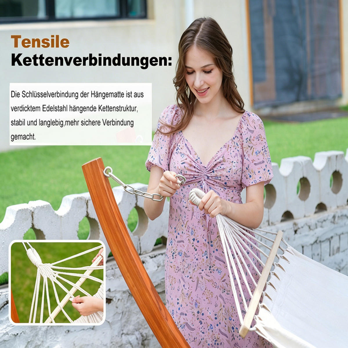 DOPPELHÄNGEMATTE mit Gestell – 200 × 150 cm - Beige, Holz (120/120/118cm) - Auledio