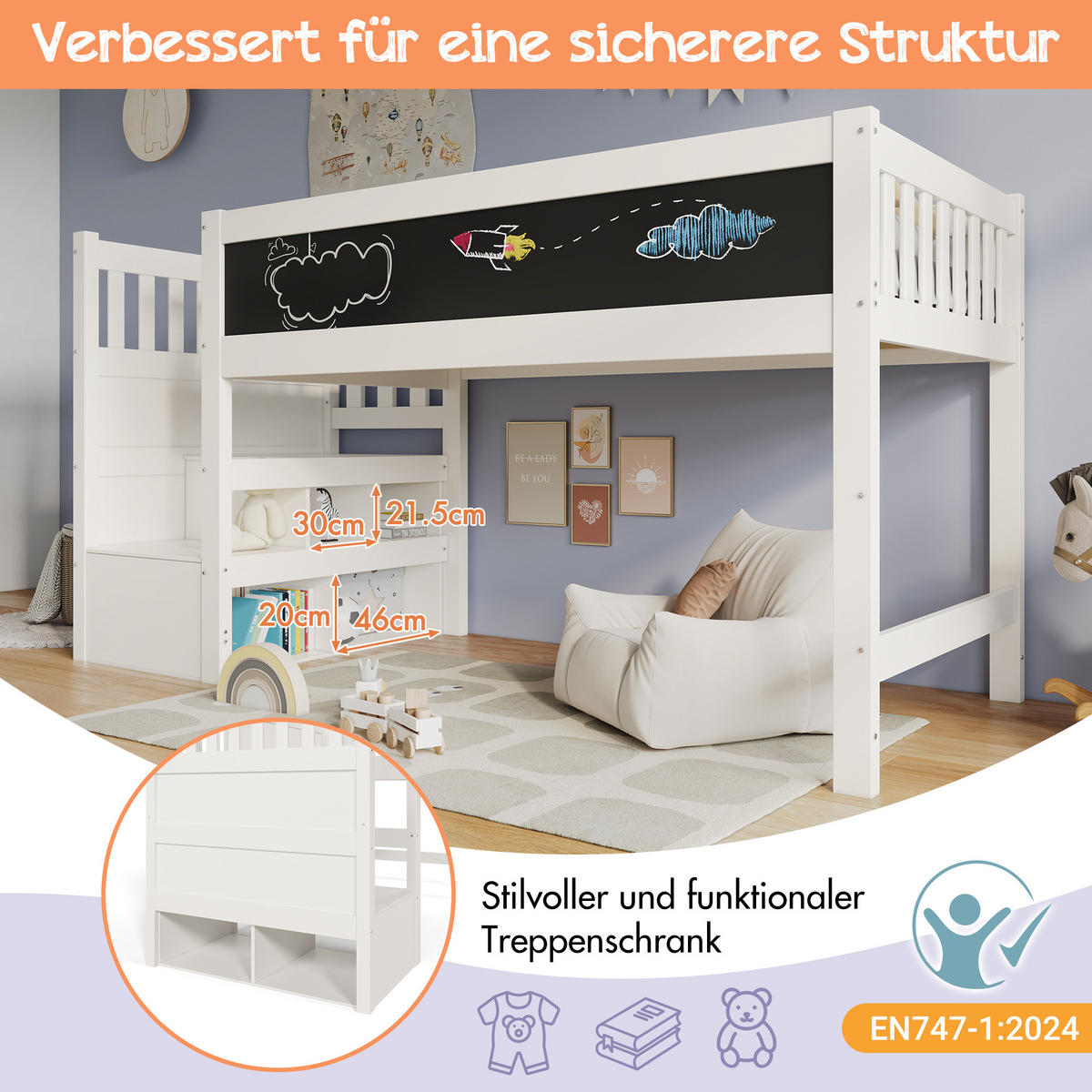 HOCHBETT aus Massivholz und MDF 90/200 cm mit Tafel, Stauraumtreppe und Rausfallschutz, Weiß - Weiß, Textil - Redom