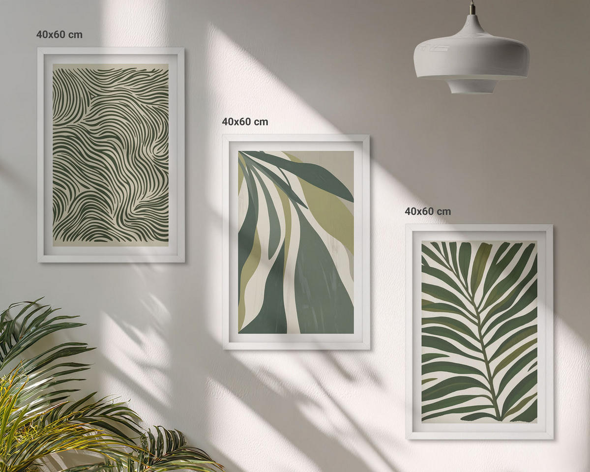 BILDER SET 3er Set - 40x60 cm Weißer Rahmen - Blätter mit wellenförmigen grünen Linien - Weiß, Kunststoff (40/60cm) - TULUP