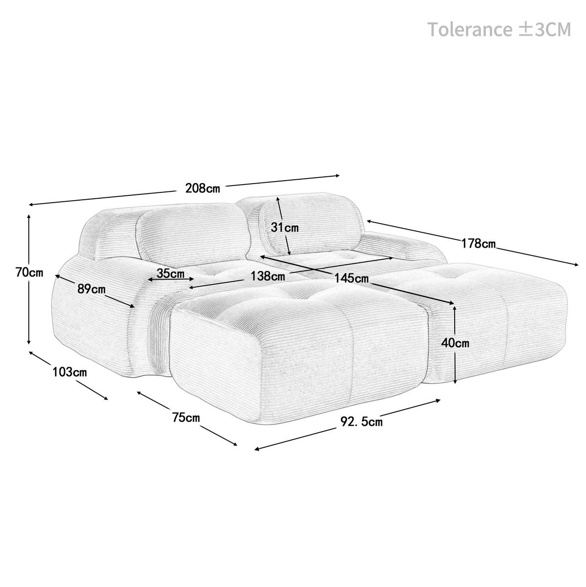 2-SITZER-MODULSOFA aus Cordstoff Schwarz rahmenlos mit ergonomischen Armlehnen und rutschfester Unterseite - Schwarz, Textil (208/75/178cm) - Modfu