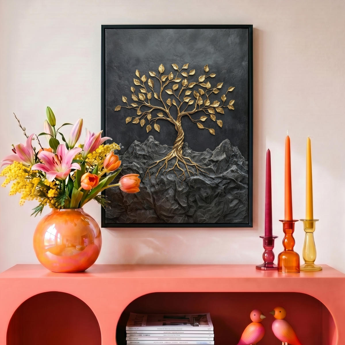 LEINWAND Bilder mit Rahmen - Blätter - Gold - Baum - Fels - 30x40 - Schwarz, Textil (30/40cm) - MuchoWow
