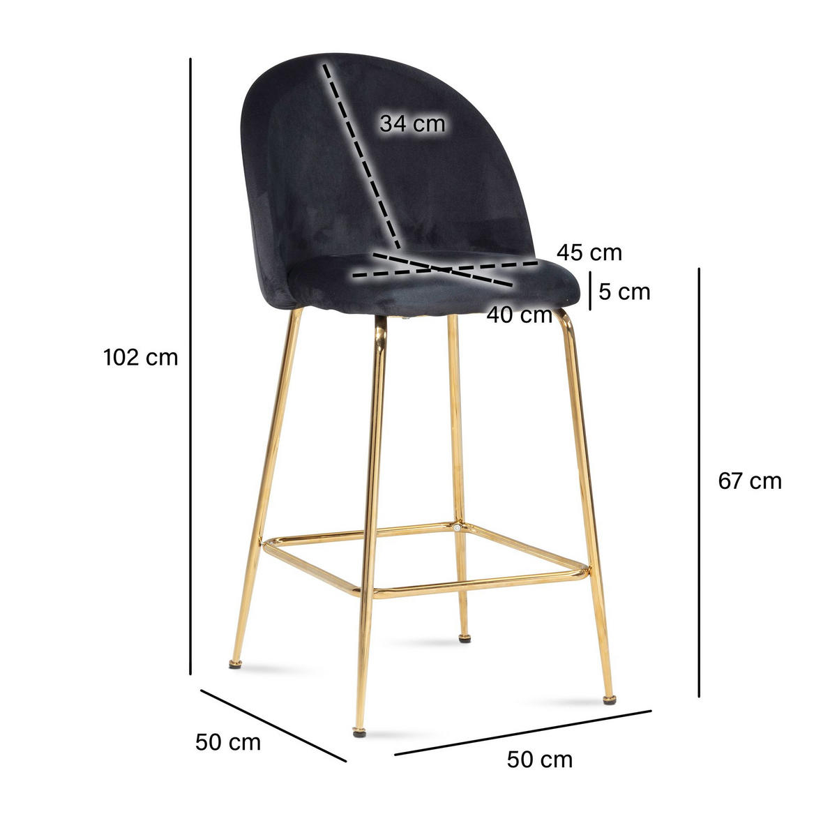 BARHOCKER 2er Set Samt Lehne Goldgestell Skandi-Stil Gepolstert, Schwarz 50x50x102 cm - Goldfarben/Schwarz, Textil/Metall (50/102/50cm) - KADIMA DESIGN