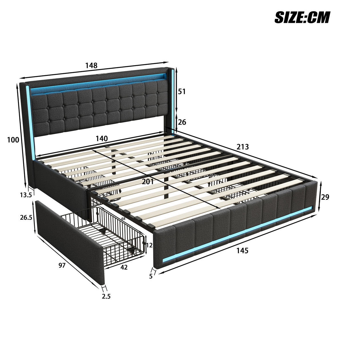 POLSTERBETT 140x200 cm mit 4 Schublade, Doppelbett 140x200 cm mit LED und USB, Lattenrost, Bett 140x200, Dunkelgrau Leinenstoff - Dunkelgrau, Holzwerkstoff/Textil (140/200cm) - GENKI LIVING