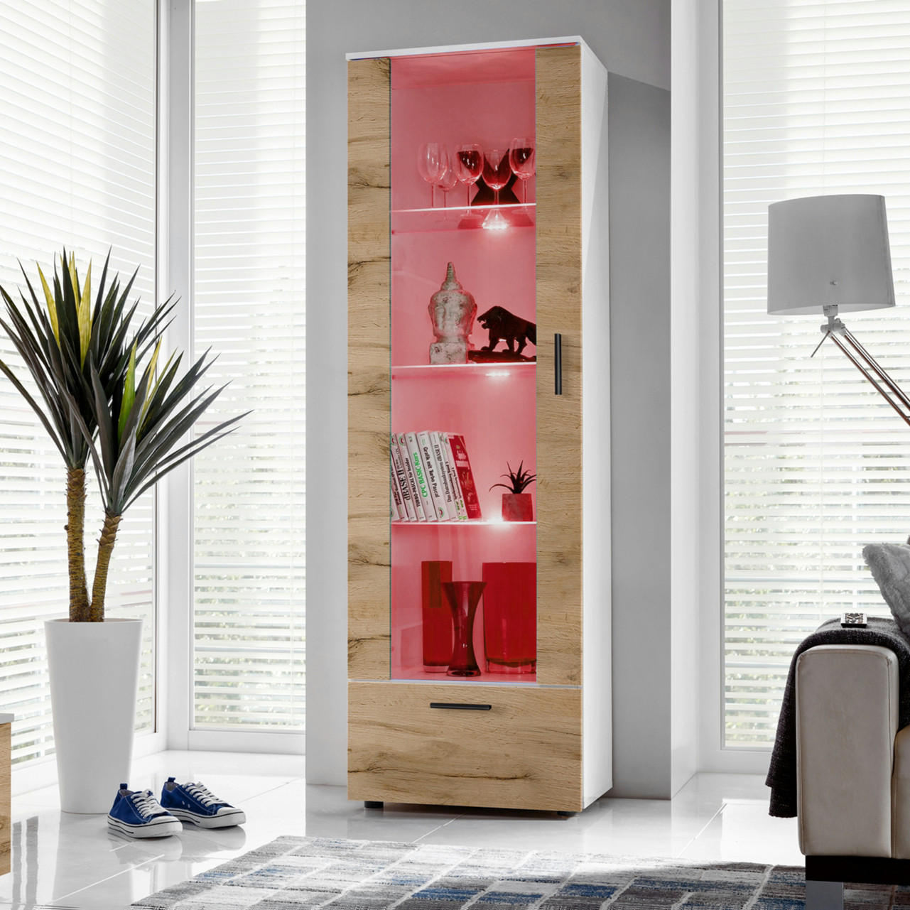 VITRINE ALESSANDRIA, Wotan, LED Mehrfarbige - Eiche Wotan/Schwarz, Glas/Holzwerkstoff (60/192/42cm) - Komodee