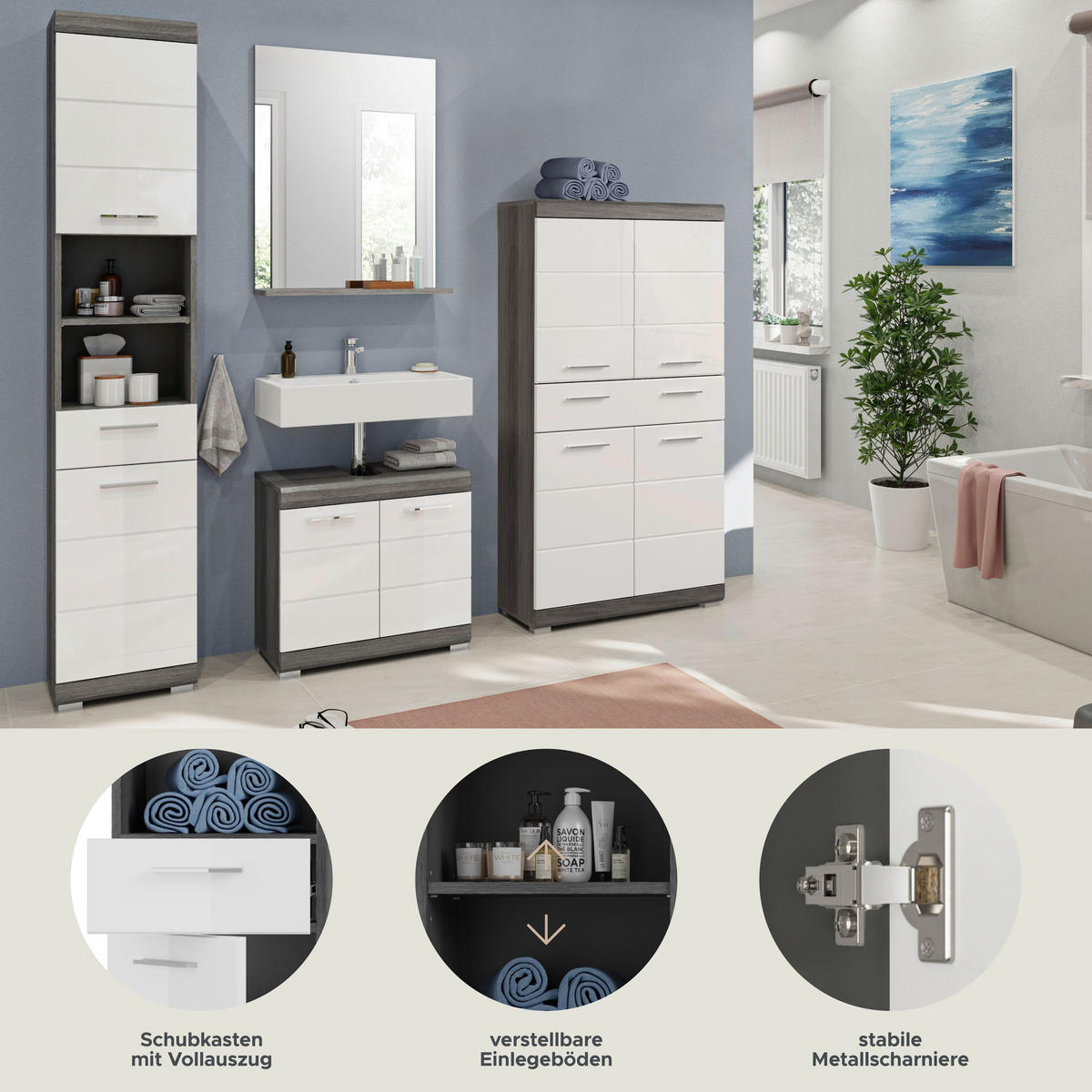 BADKOMBINATION 4tlg. Scout Bad in Rauchsilber Nachbildung und weiß hochglanz B/H/T: 186x191x34 cm - Anthrazit, Holz (186/191/34cm)