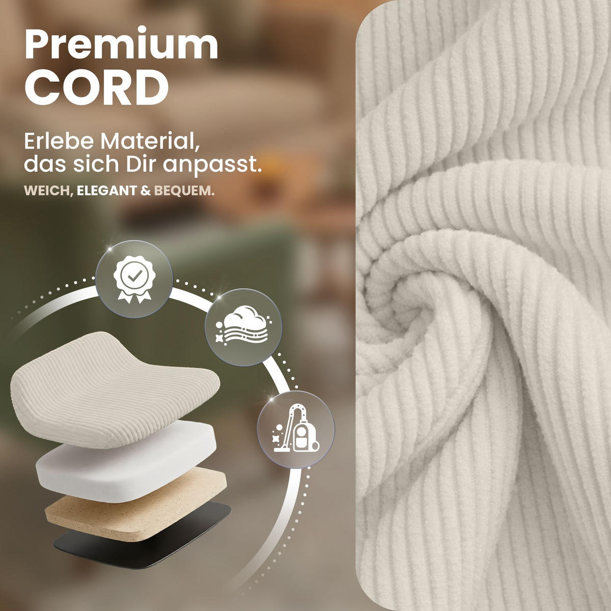 STUHL 4 Cord Beige - Eukalyptusholzfarben/Beige, Holz/Textil (49/83/50cm) - CLP