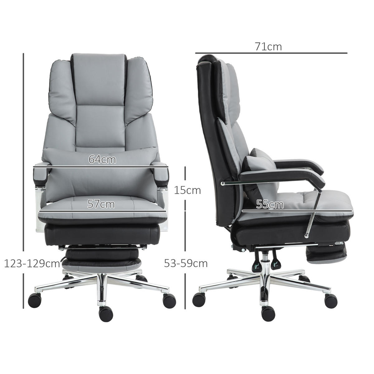 BÜROSTUHL, Ergonomischer, Grau - Grau, Leder (71/129/63cm) - HOMCOM