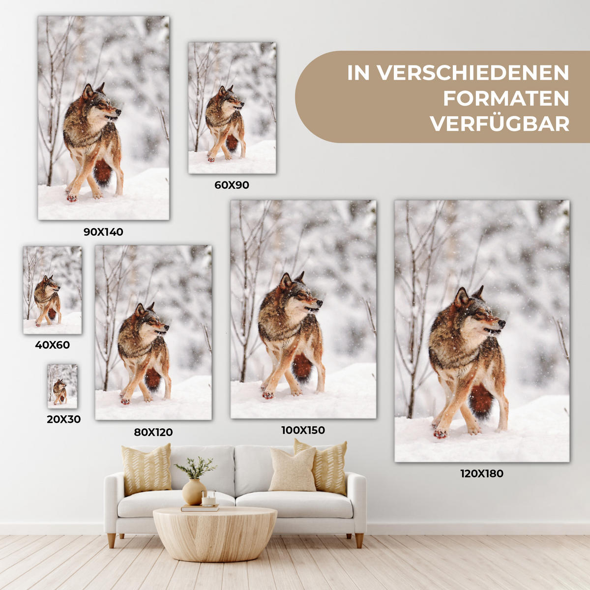 LEINWANDBILD Wolf - Winter - Schnee - Natur - Tiere 60x90 cm - Haselnussfarben, Textil (60/90cm) - MuchoWow
