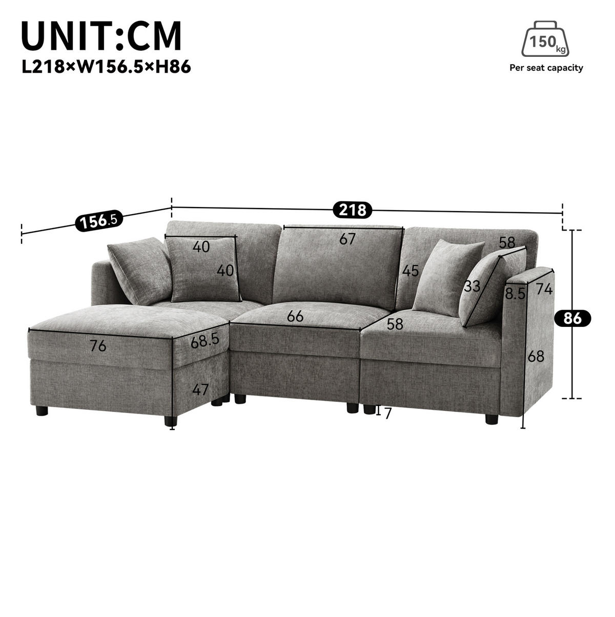 ECKSOFA, Chenille mit verstellbaren Armlehnen & Hocker, 218/156,5/86 cm, Grau - Grau, Textil (156.5/218cm) - Redom