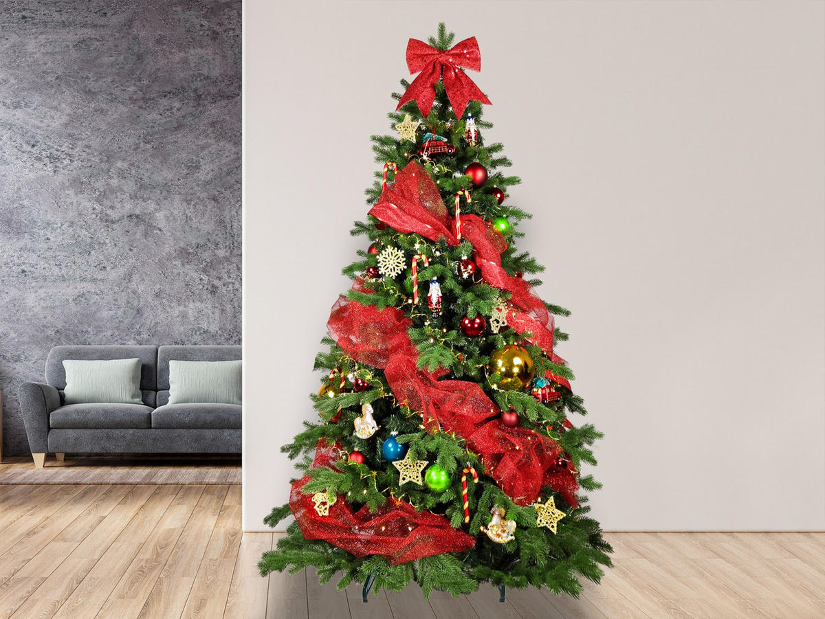 WEIHNACHTSBAUM geschmückt künstlich mit 152 Ornamenten SYMBOL WEIHNACHTEN 240 cm Baum mit Ständer und Weihnachtsschmuck - Blau/Rot, Kunststoff (240cm) - LAALU