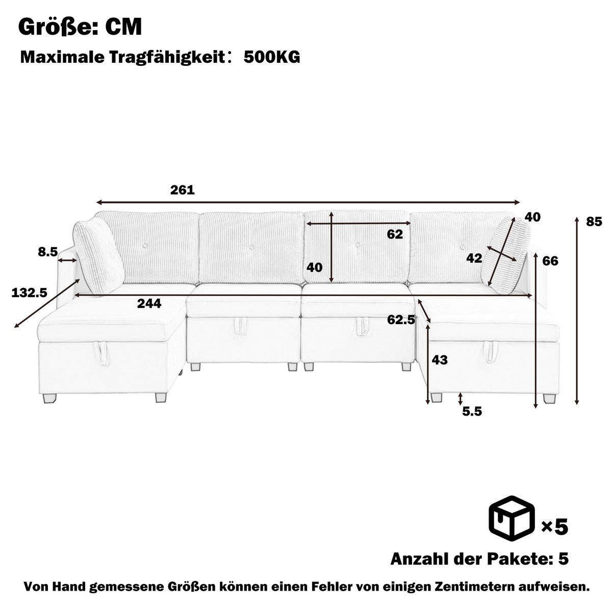 ECKSOFA aus Samt & Cord 261x132,5 cm in Antique Grey mit Stauraum - Grau, Textil (132.5/261cm) - Modfu