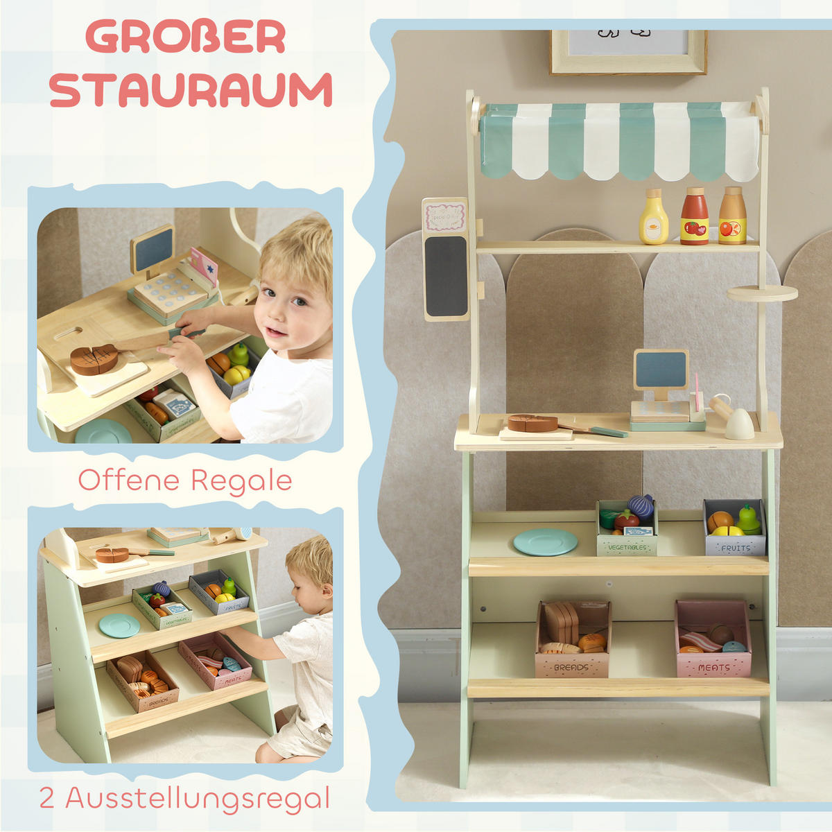 KAUFLADEN für Kinder Kaufladen Supermarkt mit Kasse Scanner Tafel Spielzubehör - Hellgrün, Holzwerkstoff (30/92.5/40cm) - AIYAPLAY