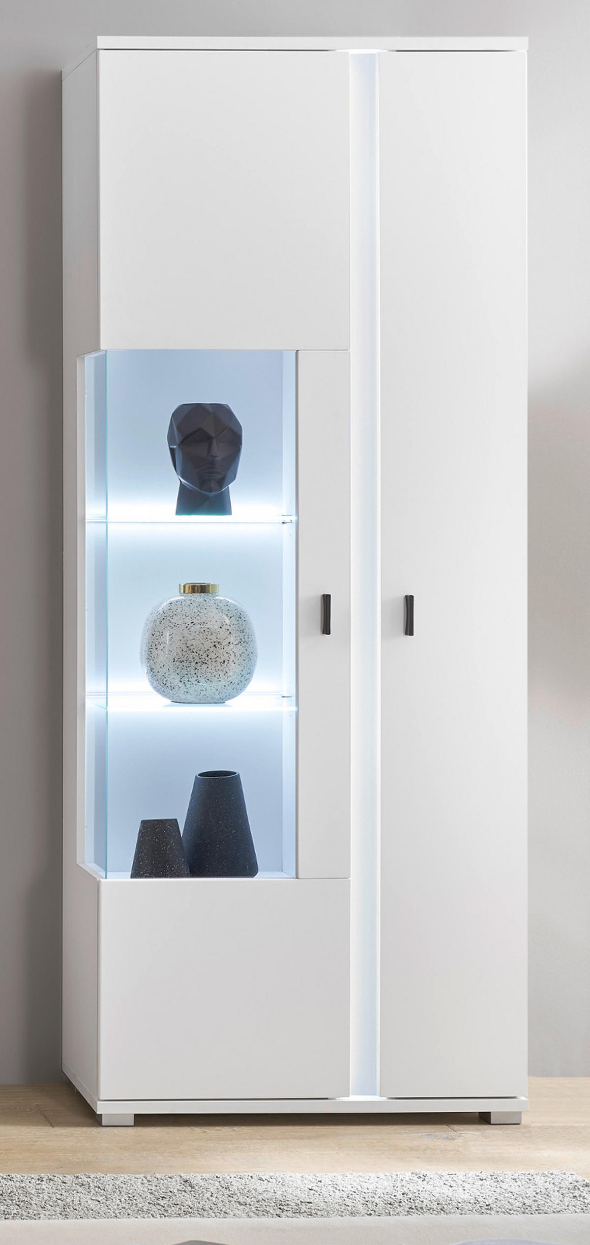 VITRINE weiß matt, Vitrinenschrank inklusive Frontbeleuchtung 80 x 200 cm - Silberfarben/Schwarz, Glas/Holzwerkstoff (80/200/35cm) - Furn.Design
