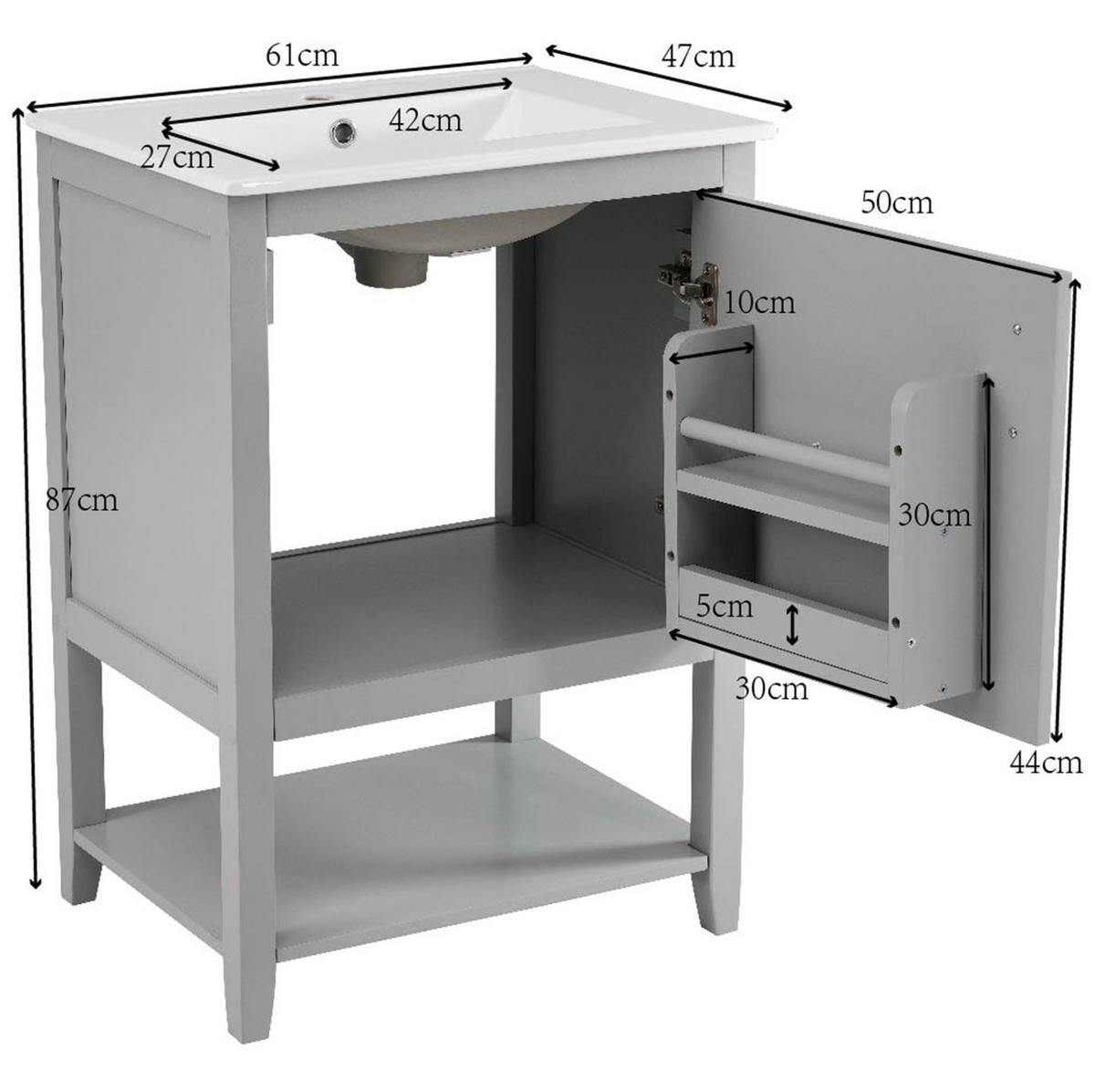 WASCHTISCHKOMBI 60 cm Grau aus MDF mit Keramikwaschbecken - Grau, Holzwerkstoff (61/87/47cm) - OKMYHOME