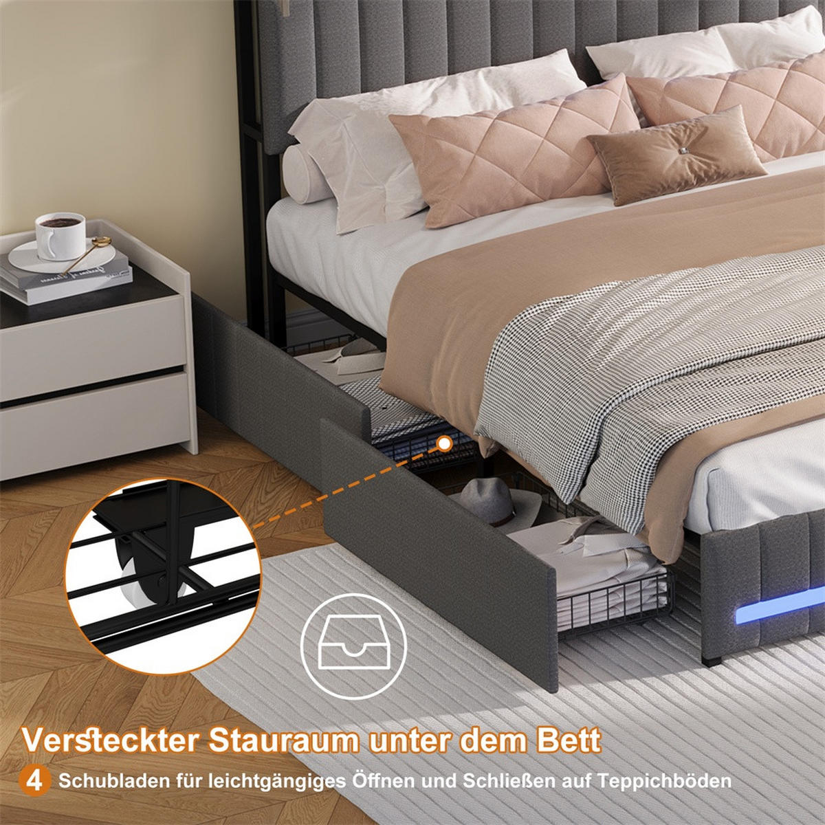 POLSTERBETT 140x190cm - Doppelbett 140x190cm mit Schubladen - RGB-LED-Beleuchtung - ohne Matratze - Grau - Grau, Textil (140/190cm) - DELFA