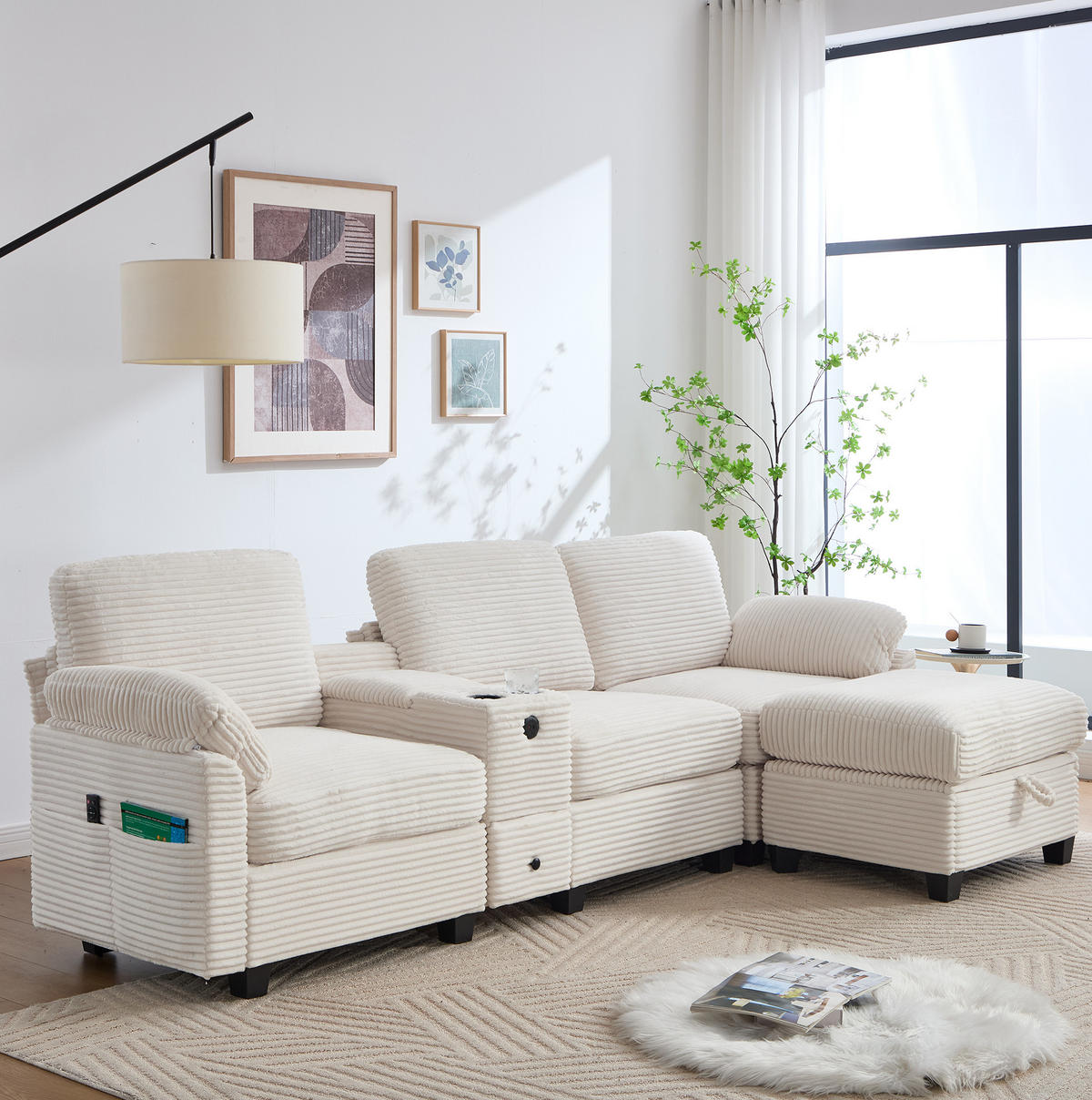 ECKSOFA L-Form mit verschiebbarer Mittelkonsole & USB-C-Anschluss Beige 266/136/82 cm - Beige, Textil (266/136cm) - OKWISH