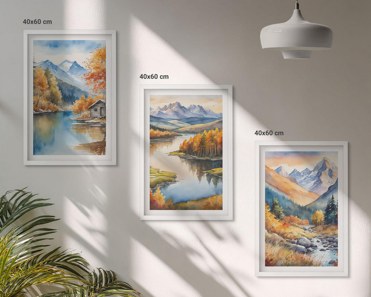 WANDBILDER 3er-Set - 40x60 cm Weißer Rahmen - Gebirgsflüsse, Herbstbäume - Weiß, Kunststoff (40/60cm) - ArtPrintCave