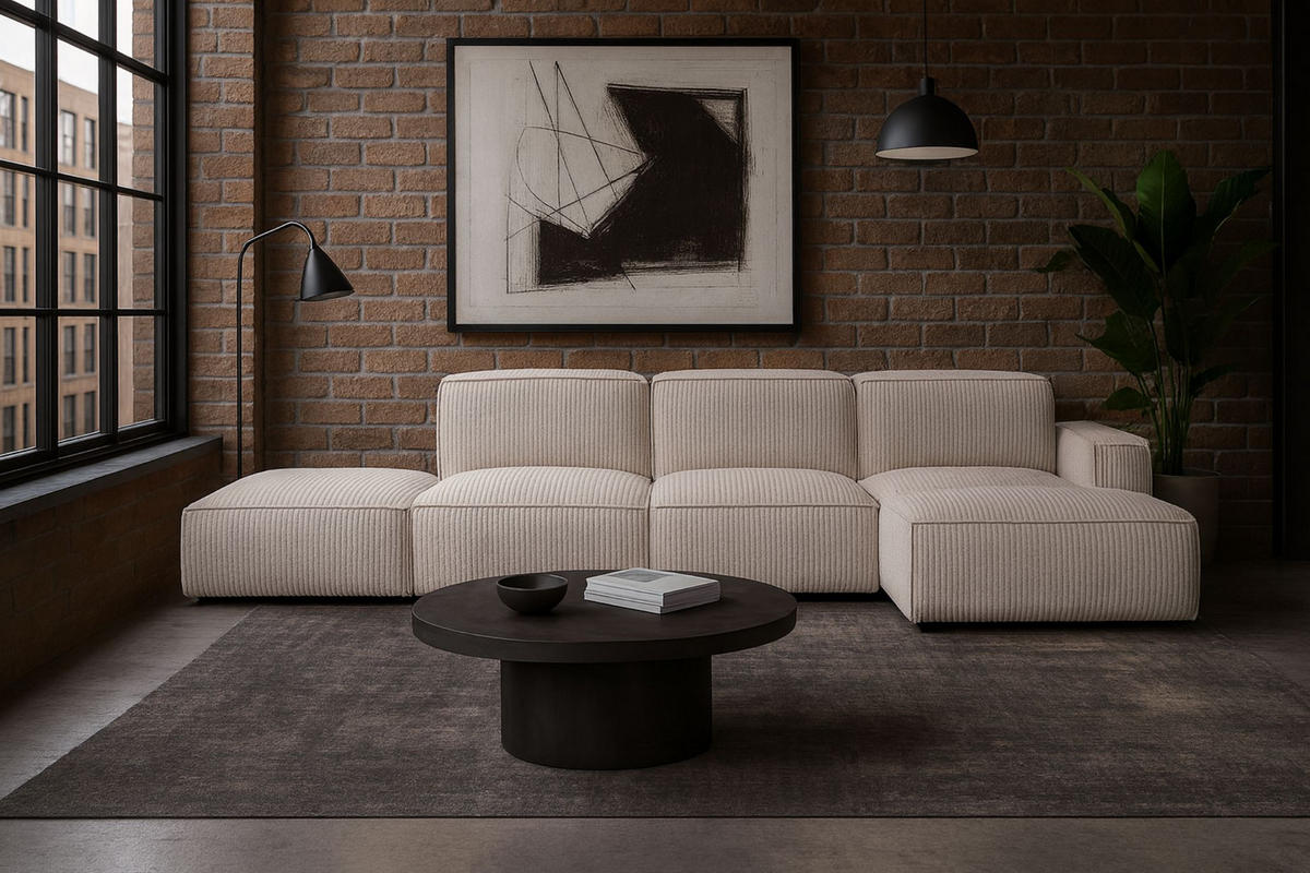 ECKSOFA Cursal L-Form, Stoff Poso, Beige + Hocker, Rechts - Creme, Holz (341/166cm) - Kaiser Möbel