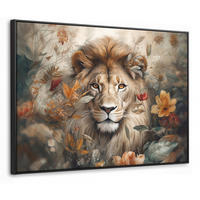 LEINWAND Bilder mit Rahmen - Löwe - Wildtiere - Pflanzen - Natur - Blumen - 100x70 - Beige, Textil (100/70cm) - MuchoWow