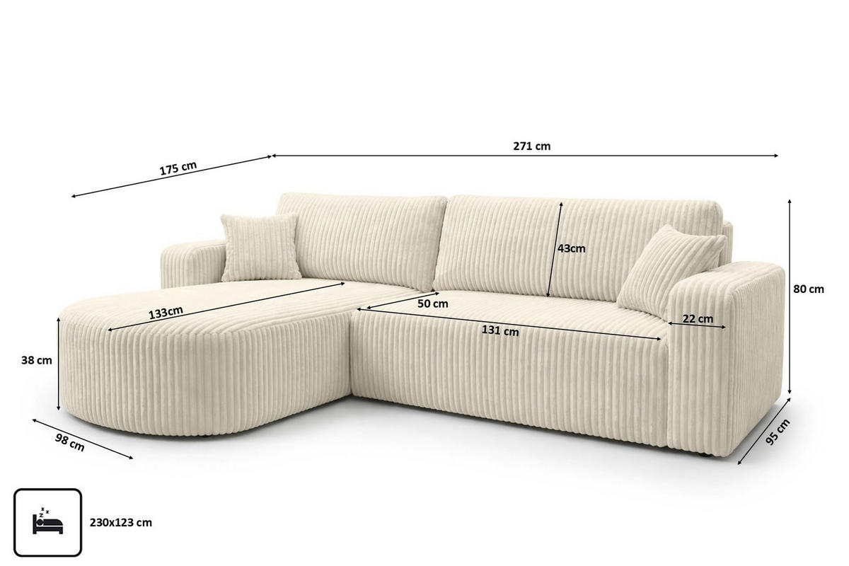 ECKSOFA Mit Schlaffunktion, Cordstoff Tilia, Ecru, Links, ROUND ONE XL - Ecru, Holz (271/175cm) - Kaiser Möbel