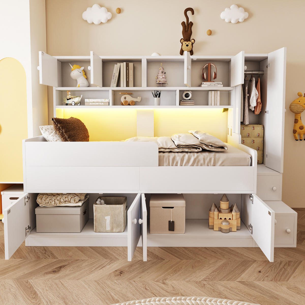 KINDERBETT 90/200 cm weiß aus Holz mit Stauraum, Schrank und LED - Weiß, Holzwerkstoff (90/200cm) - OKWISH