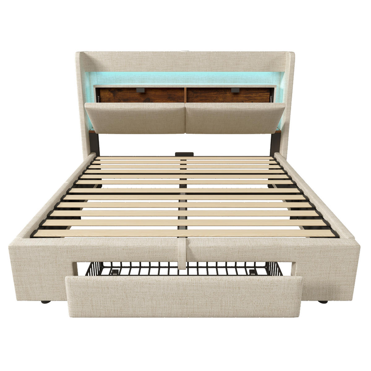 POLSTERBETT 160/200 cm Beige mit Stauraum, LED-Beleuchtung und USB- und Type-C-Anschlüssen - Beige, Textil (160/200cm) - Flora Grace