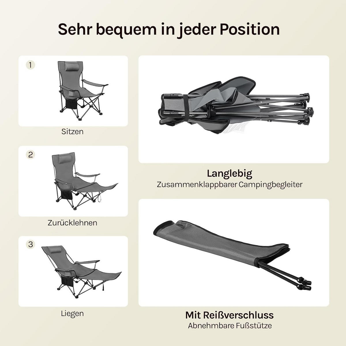 CAMPINGSTUHL Faltbar 2er Set mit Fußablage Grau - Grau, Textil (84/88.5/160cm) - Woltu