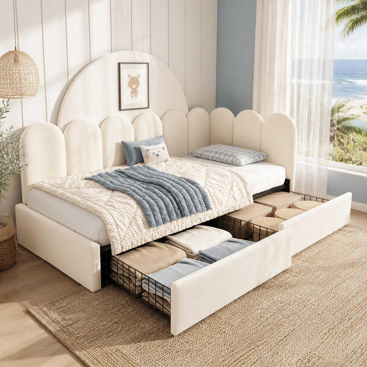 POLSTERBETT 90/200 mit Schubladen und Stauraum in Beige - Beige, Holzwerkstoff/Textil (90/200cm) - EVRYAE