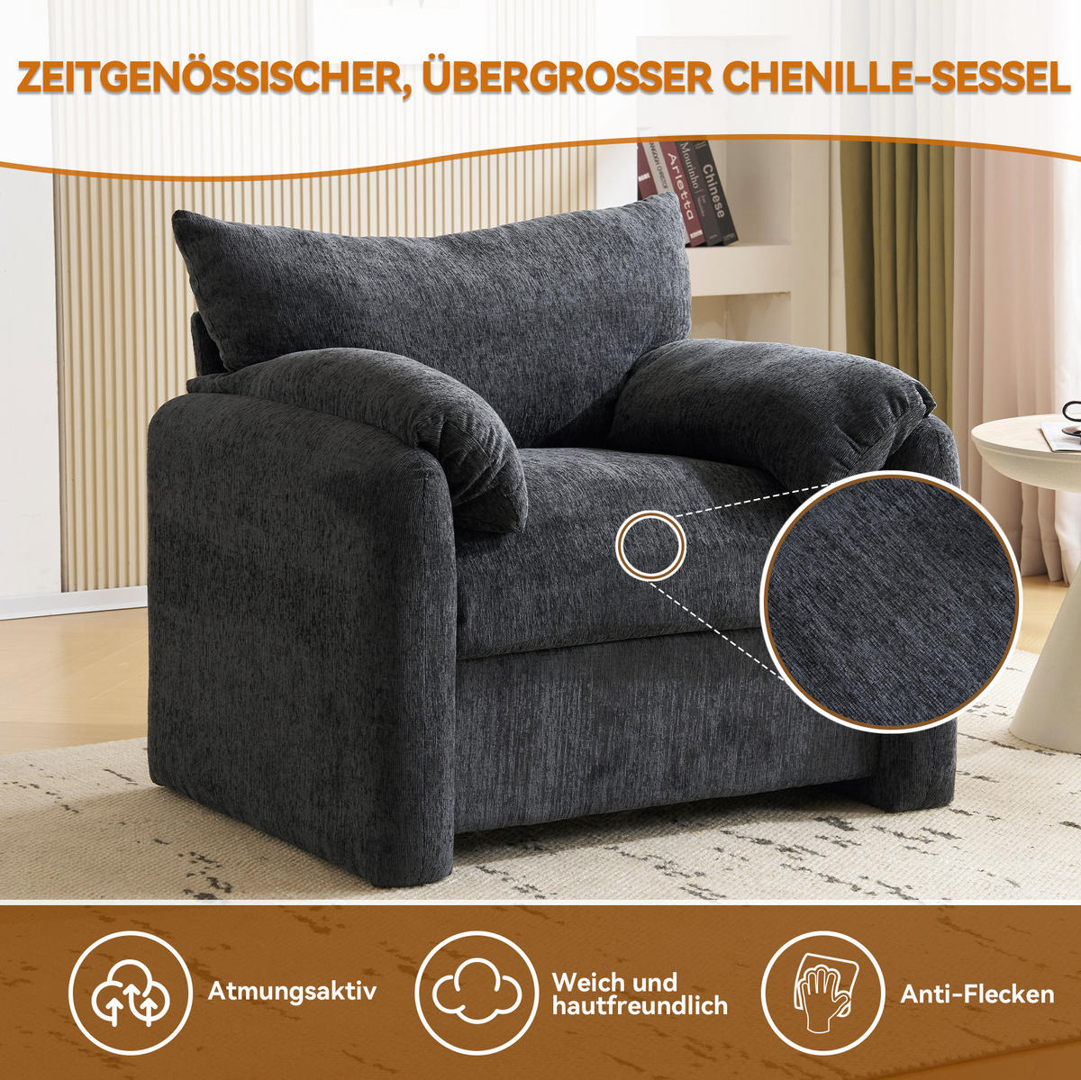 SESSEL 96/82/84 cm grau aus Chenille mit ergonomischer Polsterung - Grau, Textil (82/84/96cm) - OKWISH