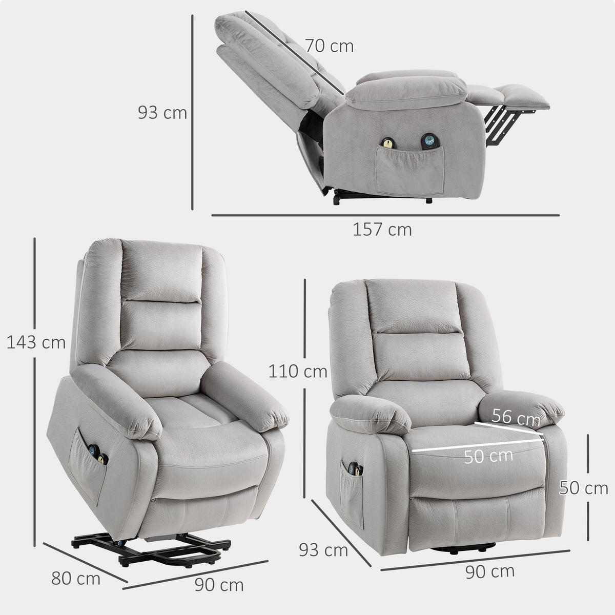 ELEKTRISCHER-AUFSTEHSESSEL Polyester Schaumstoff Hellgrau - Hellgrau/Schwarz, Textil/Metall (90/110/93cm) - HOMCOM